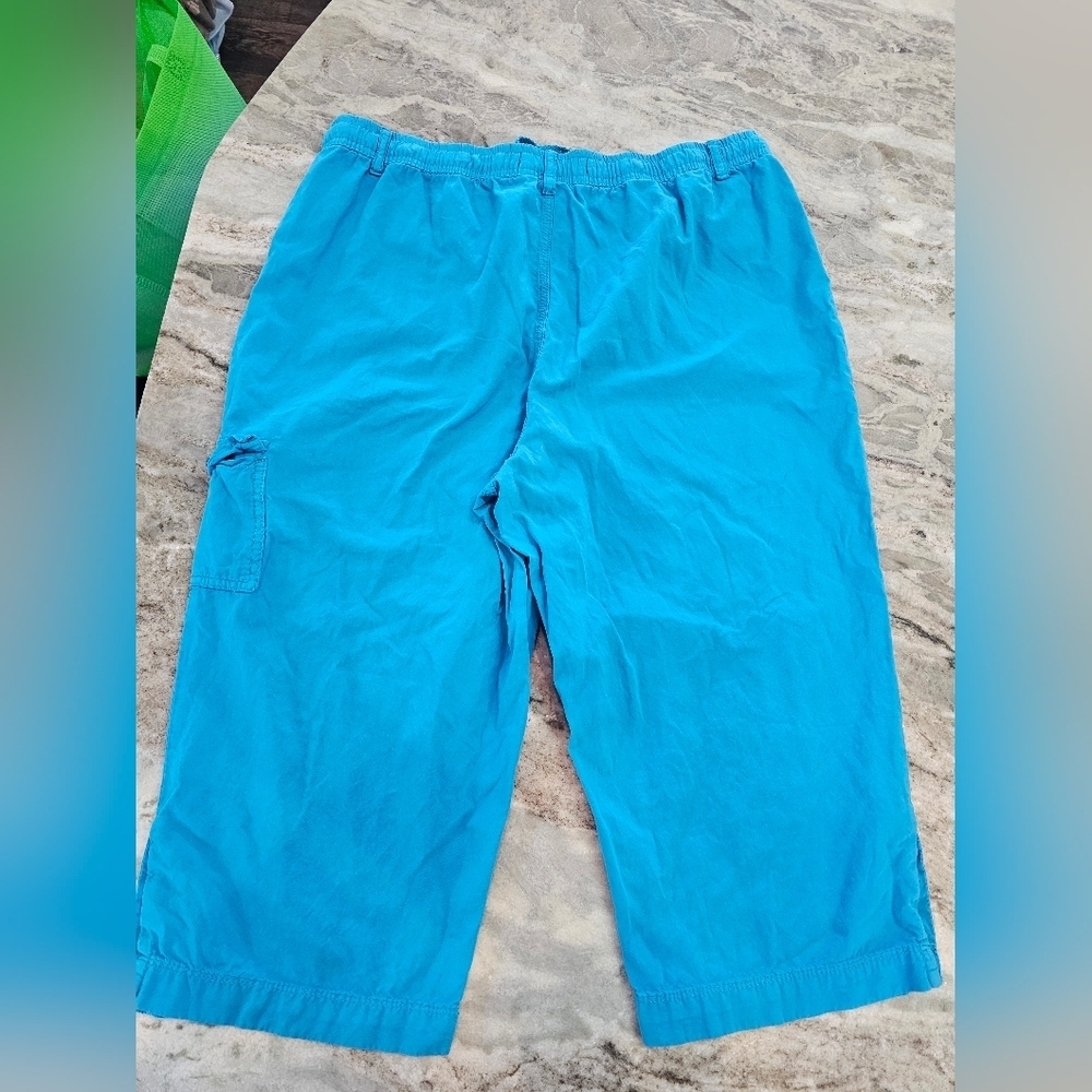 Gloria Vanderbilt Women’s L Aqua Blue 100% Cotton Capri Pants Elastic Waist Butn